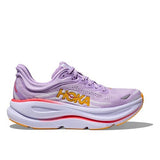 Womens Hoka Bondi 9 running shoes in B-width with a floral Aster Flower Starlight Glow design, showcasing the sneaker's vibrant pattern.