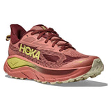 Women's Hoka Challenger 8 wide running shoes in blush and dark cedar, showing the right shoe with detailed design and comfortable fit.