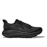 Women's Hoka Clifton 10 running shoes in black, featuring extra wide 2E width for comfortable fit and support.