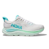 Women's Hoka Clifton 10 Wide running shoes in white with Celio Blue accents, featuring a comfortable D-width fit.