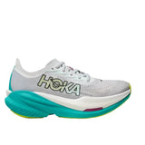 Women's Hoka Mach X 2 running shoes in frost electric aqua color, featuring breathable mesh upper and cushioned sole.