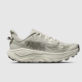 Women’s Hoka Challenger 8 shoes in stucco and asphalt grey with B-width, featuring a supportive running shoe design.