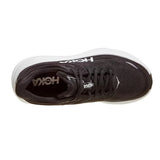 Women's Hoka Bondi 9 running shoes in black and white, featuring extra wide 2E width for comfort and support.