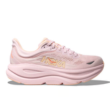 Women's Hoka Bondi 9 Wide running shoes in lilac, cream, and tangerine glow, showcasing the comfortable design and vibrant colors.