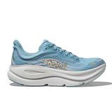 Women's Hoka Bondi 9 running shoes in raindrop ash grey, with B-width, featuring cushioned sole and breathable mesh upper.