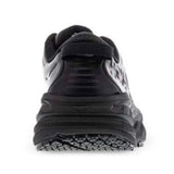 Womens Hoka Bondi SR running shoes in black with a B-width, showing the back view highlighting the heel and sole design.