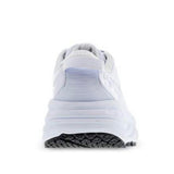 Women's Hoka Bondi SR shoes in white, back view showcasing the B-width fit and supportive running shoe design.