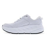 Women's Hoka Bondi SR running shoes in white with a cushioned sole and B-width for comfort and support.