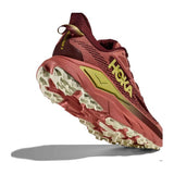 Womens Hoka Challenger 8 wide running shoes in blush and dark cedar, showing the right rear view with cushioned sole and sporty design.