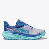 Women's Hoka Challenger ATR 7 wide trail running shoes in Ether Cosmos color, showing the breathable mesh upper and rugged outsole.