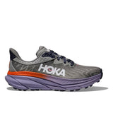 Women's Hoka Challenger ATR 7 trail running shoes in galactic grey and wild indigo, featuring B-width for a comfortable fit.