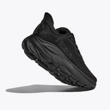 Men's Hoka Clifton 10 shoes in extra-wide 4E-width with black upper and black sole, designed for comfort and support.