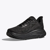 Black Hoka Clifton 10 men's running shoes in extra-wide (4E) width, side view showing the sleek design and supportive sole.