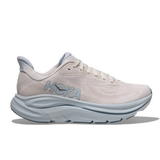 Women's Hoka Clifton 10 shoes in grout and mineral blue, featuring a comfortable B-width design and lightweight running style.