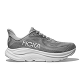 Women's Hoka Clifton 10 Wide running shoes in Stellar Grey and Galactic Grey with D-width for comfortable fit.