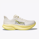 Women's Hoka Mach 6 B-width running shoes in white with neon orange accents, featuring a lightweight design and cushioned sole.