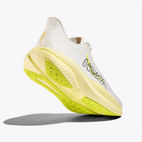 White and neon Hoka Mach 6 women's shoes with B-width, featuring a sleek design and vibrant citrus accents.