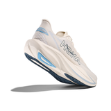 Women's Hoka Mach 7 running shoes in B-width, featuring a sleek design with alabaster and soaring blue colors.