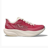 Womens Hoka Mach 7 running shoes in lingonberry cranberry color, B-width, with breathable mesh upper and cushioned sole.