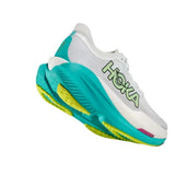 Women's Hoka Mach X 2 shoes in frost electric aqua, showcasing lightweight running shoes with breathable mesh and supportive design.