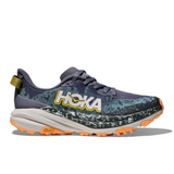 Women's Hoka Speedgoat 6 trail running shoes in grey skies and cosmic grey with B-width, featuring durable outsole and supportive design.