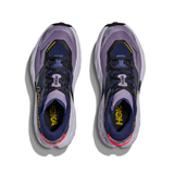 Women's Hoka Speedgoat 7 trail running shoes in B-width with berry jam and starlight glow accents, showing the colorful upper and rugged sole.