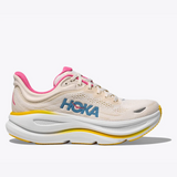 Women's Hoka Bondi 9 wide running shoes in alabaster and birch with cushioned soles and supportive design.