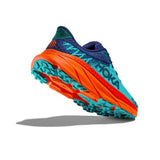 Women's Hoka Challenger ATR 7 trail running shoes in vibrant orange with ceramic accents, back view showing supportive design.