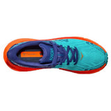 Women's Hoka Challenger ATR 7 trail running shoes in vibrant orange with ceramic accents, side view, showing top design details.