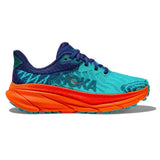 Women's Hoka Challenger ATR 7 shoes in ceramic and vibrant orange, side view showcasing lightweight trail running design.