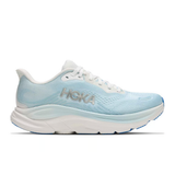 Women's Hoka Clifton 11 running shoes in white with shimmering blue accents, B-width, lightweight and supportive athletic footwear.