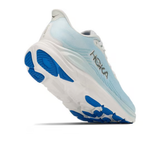 White Hoka Clifton 11 Wide women's running shoes with shimmering blue accents and D-width for a comfortable fit.
