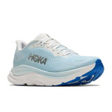 Women's Hoka Clifton 11 wide running shoes in white with shimmering blue accents, featuring breathable mesh upper and cushioned sole.