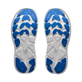 Women's Hoka Clifton 11 Wide running shoes in white with shimmering blue accents, featuring a supportive D-width design.