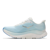 Women's Hoka Clifton 11 running shoes in white with shimmering blue accents, B-width for a comfortable fit.
