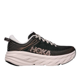 Women's Hoka Bondi 7 running shoes in black, rose, and cream with B-width, featuring cushioned sole and supportive design.