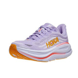 Women’s Hoka Bondi 9 B-width running shoes in Aster Flow color, featuring a supportive design and cushioned sole.