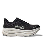 Black and white Women's Hoka Bondi 9 running shoes in B-width with cushioned soles and supportive design.