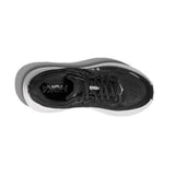 Women's Hoka Bondi 9 wide running shoes in black and white with cushioned soles and supportive design.