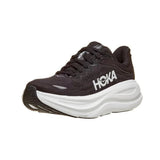 Women's Hoka Bondi 9 wide running shoes in black and white, featuring a comfortable D-width design and supportive sole.
