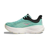 Women's Hoka Bondi 9 running shoes in blue spark, B-width, featuring a supportive design and cushioned sole for comfort.