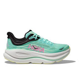 Women's Hoka Bondi 9 running shoes in spark blue with B-width, featuring breathable mesh and cushioned sole for comfort.