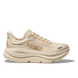 Women's Hoka Bondi 9 running shoes in vanilla birch color, featuring a B-width design with supportive cushioning and sporty style.