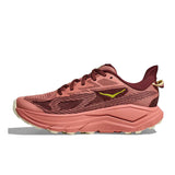 Women's Hoka Challenger 8 running shoes in blush and dark cedar, showing the left shoe with breathable mesh and cushioned sole.