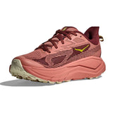 Women's Hoka Challenger 8 shoes in blush and dark cedar, showing the left shoe with breathable mesh and cushioned sole.