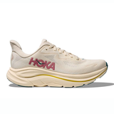 Women's Hoka Clifton 10 running shoes in alabaster and birch with a B-width, featuring a lightweight and cushioned design.