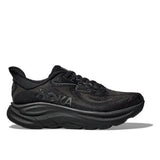 Women's Hoka Clifton 10 running shoes in black with a B-width, featuring a sleek design and cushioned sole for comfort.