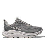Women's Hoka Clifton 10 grey running shoes with B-width, lightweight and cushioned for comfortable athletic wear.