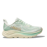 Women's Hoka Clifton 10 wide running shoes in Sea Glass and Jadelite with a breathable mesh upper and cushioned sole.