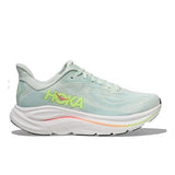 Women's Hoka Clifton 10 shoes in Sea Glass and Neon Flame with B-width, featuring breathable mesh and cushioned sole.